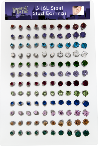 Steel Prong-Set Birthstone Earring Studs W/ Display