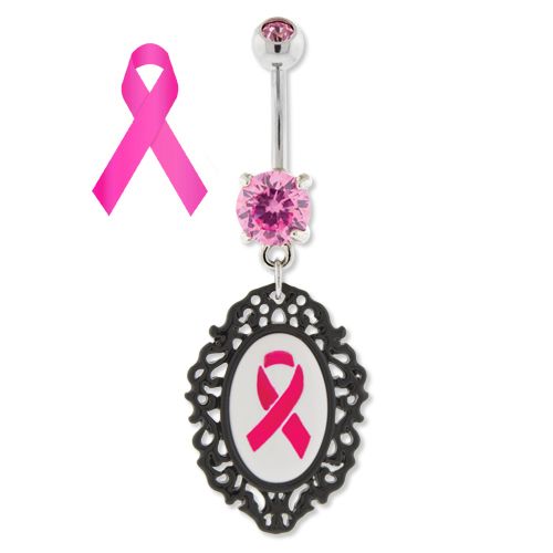 BREAST CANCER AWARENESS BELLY RING WITH RIBBON IN CAMEO