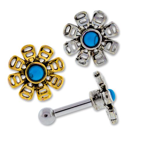 TURQUOISE HOWLITE FLOWER EAR BARBELL - GOLD