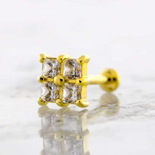 18Kt Gold Threadless Helix Labret with Princess Cut Premium Zirconia Gems