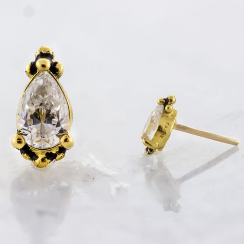 18KT Gold Threadless End - Beaded Pear Cut Premium Zirconia