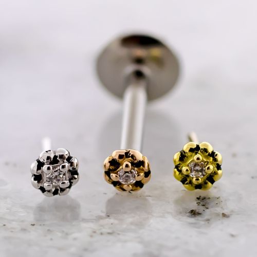 Titanium Threadless Labret w/ 18KT Gold Premium Zirconia Beaded Flower End