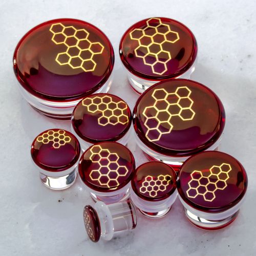 Pair RED HONEYCOMB GLASS PLUGS