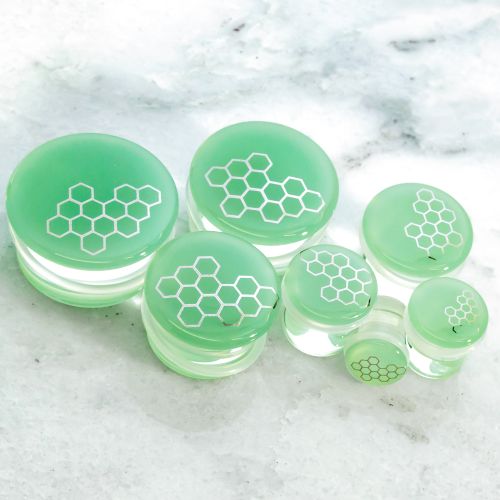 Pair SILVER HONEYCOMB SEA GREEN GLASS PLUGS