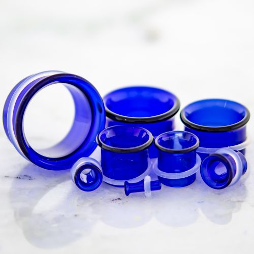 PAIR SINGLE FLARE BLUE BOROSILICATE GLASS TUNNELS