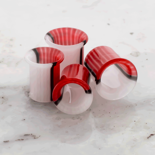 Pair Red & White Ball Single Flare Borosilicate Glass Tunnels