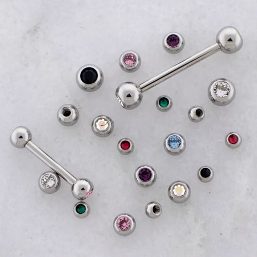 16G Externally Threaded Steel Barbell w/ Bezel Set Premium Crystal Ball Ends