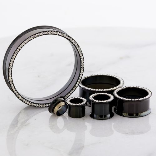 BLACK INTERNALLY THREADED TUNNELS W/ CLEAR GEMS