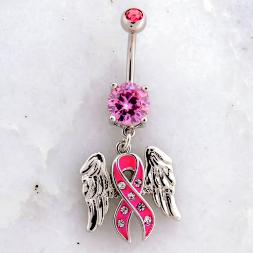 BREAST CANCER AWARENESS PINK RIBBON AND WINGS NAVEL RING