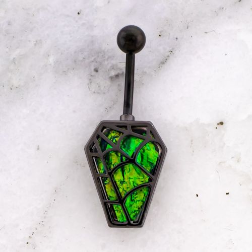 14G Navel Barbell w/ Iridescent Web Coffin