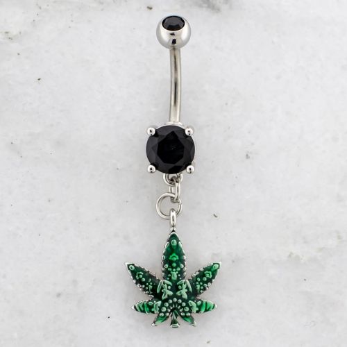 14G Navel Barbell w/ Decorative Green Pot Leaf