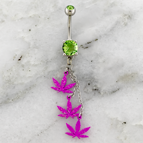 14G Navel Barbell w/ Pink Glitter Pot Leaves