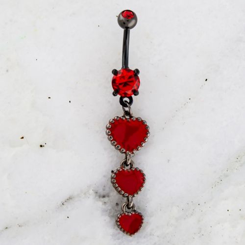 TRIPLE RED HEART DANGLE BELLY RING