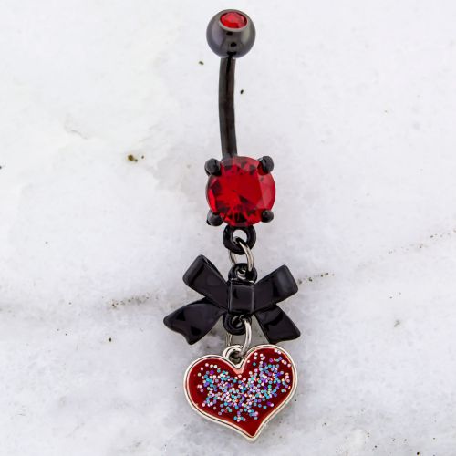 BLACK BOW AND RED GLITTER HEART BELLY RING