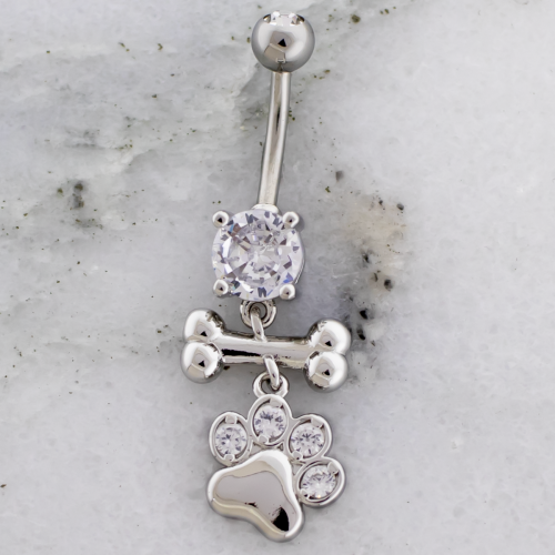 14G Navel Barbell w/ Bone and Pawprint