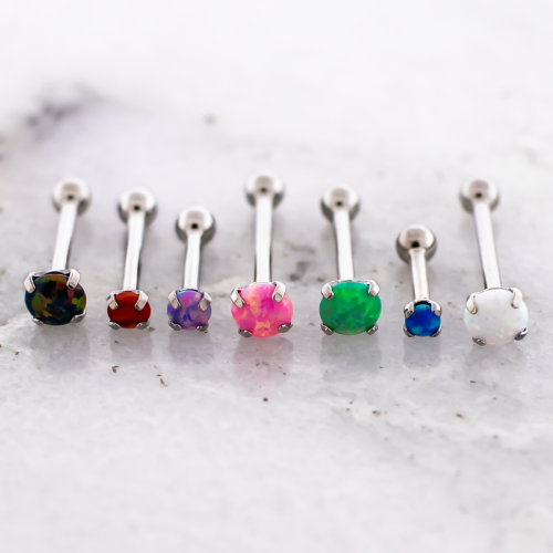 18G INTERNALLY THREADED TITANIUM BARBELL W/ FIXED BALL & PRONG SET OPAL END