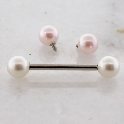 14G STEEL BARBELL W/ PEARL BALLS