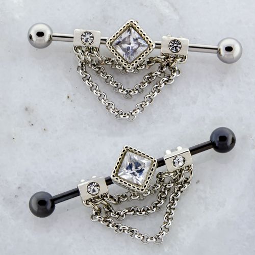 14G INDUSTRIAL BARBELL WITH ADJUSTABLE DIAMOND AND CHAINS