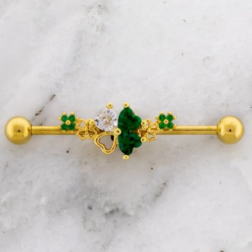 Gem And Cutout Clover Industrial Barbell w/ Gems 