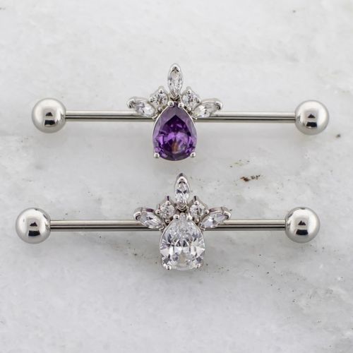 14G Industrial Bar Teardrop Gem w/ Marquise and Round Gems