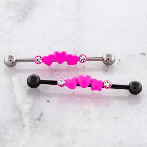 14G  INDUSTRIAL BARBELL WITH ADJUSTABLE PINK HEARTS WITH CLEAR GEMS.