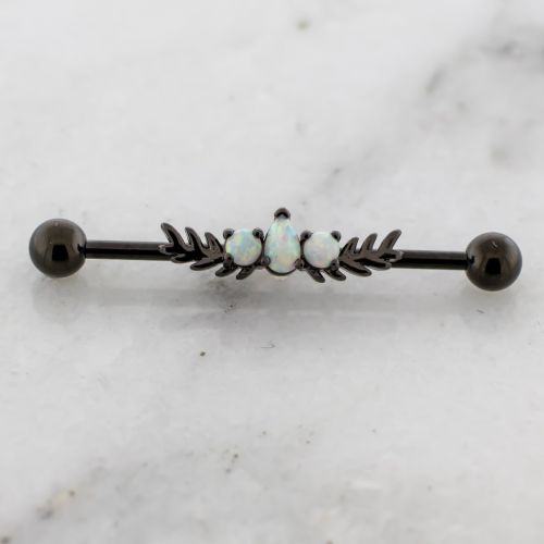 14G Industrial Bar Black PVD Leaves w/ Opal Trio