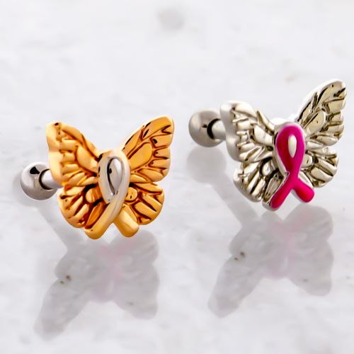 BREAST CANCER AWARENESS BUTTERFLY WITH RIBBON TRAGUS BARBELL