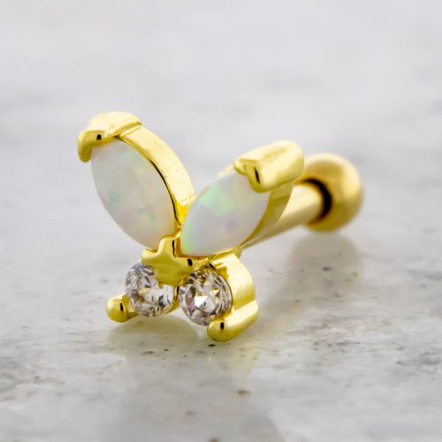 16G Tragus Barbell Opal and Gem Butterfly