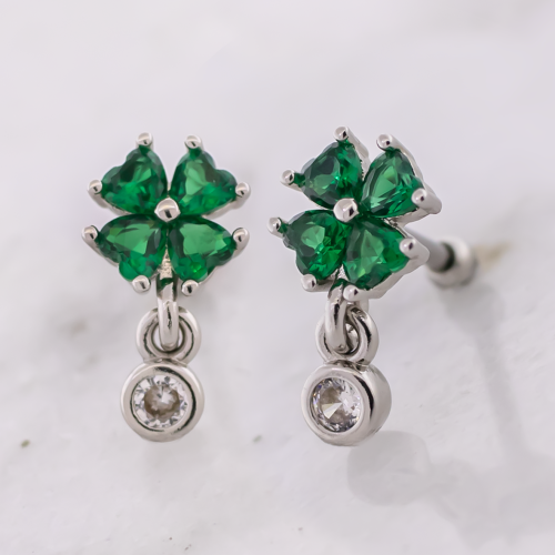 Tragus Barbell w/ Gemmed Clover w/ Gem Dangle