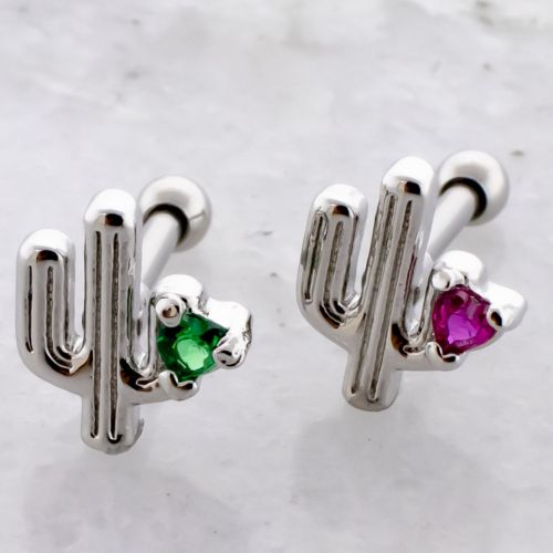 16G Tragus Barbell Cactus w/ Heart Gem