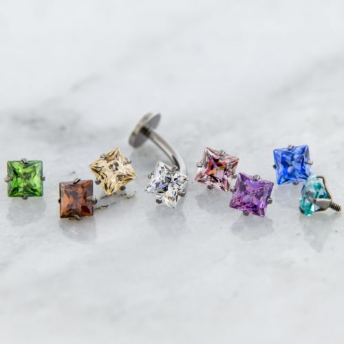 Titanium Floating Navel w/ Internally Threaded Prong Set Square Premium Zirconia 