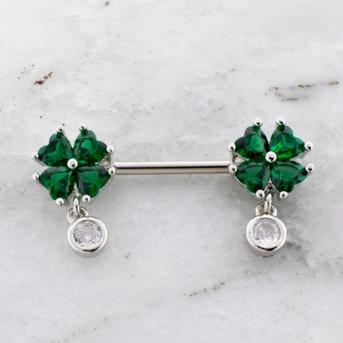 Nipple Bar w/ Clover Gem Dangle Ends