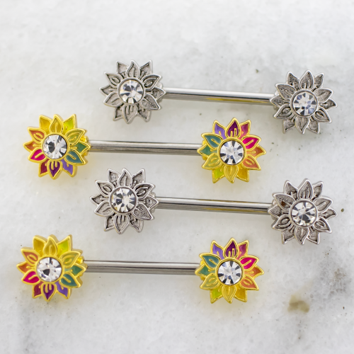 14G Nipple Barbell w/ Sunflower and Gem Center Ends