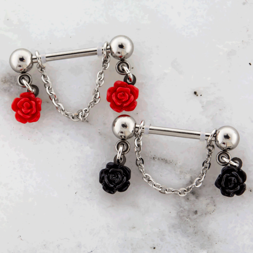  14G NIPPLE BARBELL WITH CHAINED ROSES