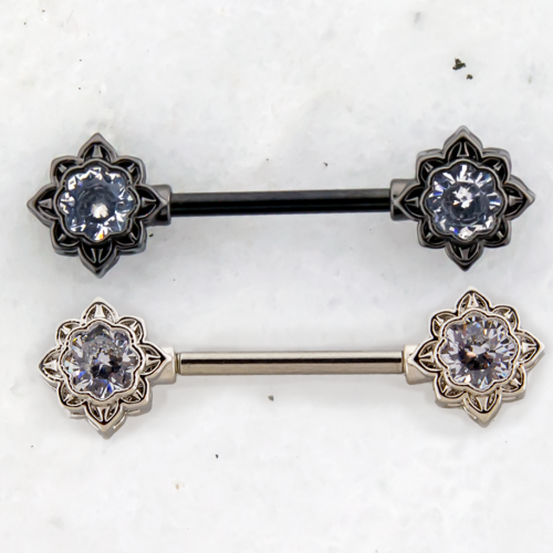 NIPPLE BARBELL WITH GEM FLOWER