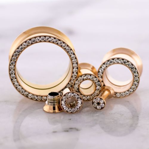 Rose Gold PVD Coated Internally Threaded Tunnels with Crystals