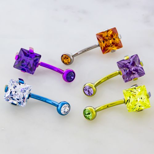 TITANIUM INTERNALLY THREADED PRONG SET SQUARE GEM NAVEL RING 