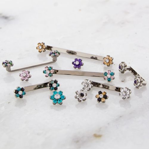 14G TITANIUM FLAT SURFACE BARBELL W/ GEM FLOWERS