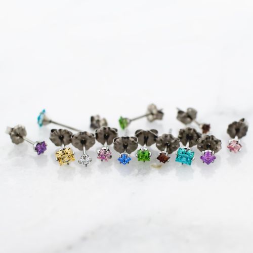 Titanium Stud Earring with Prong Set Square Premium Zirconia