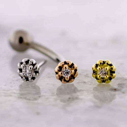 Titanium Threadless Curved Barbell w/ Fixed Ball & 18KT Gold Premium Zirconia Beaded Flower End