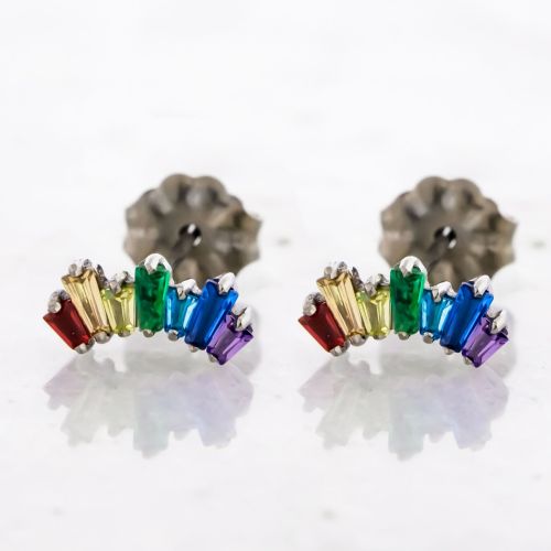 TITANIUM THREADLESS EARRING STUD WITH ALTERNATING BAGUETTE GEM CRESCENT CLUSTER