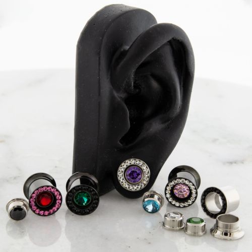 Pair 00G Steel Internally Threaded Gemmed Tunnel W/ Gem in the Middle