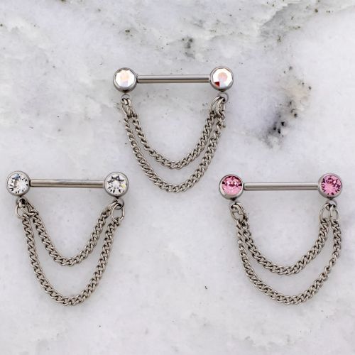 14G Titanium Threadless Nipple Barbell w/ Front Facing Gem Ball w/ Double Chain