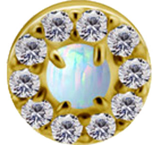 18KT GOLD THREADLESS CLUSTER, SET WITH LAB CREATED OPAL AND PREMIUM ZIRCONIA-CLEAR/WHITE OPAL