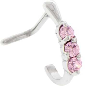 SURGICAL STEEL CURVED JEWELED NOSE STUD18G 5/16-3 PINK GEMS