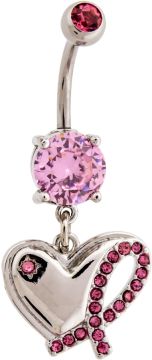 BREAST CANCER AWARENESS NAVEL RING WITH HEART AND PINK GEM RIBBON-1.6MM (14G)-10MM (3/8