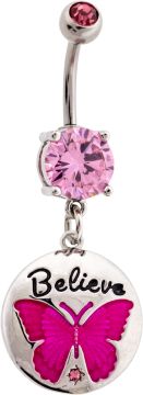 BREAST CANCER AWARENESS NAVEL RING WITH BELIEVE BUTTERFLY-1.6MM (14G)-10MM (3/8