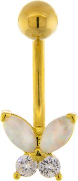 14G Curved Barbell w/ Gem and Opal Butterfly-GOLD-CLEAR/WHITE OPAL