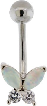 14G Curved Barbell w/ Gem and Opal Butterfly-SILVER-CLEAR/WHITE OPAL