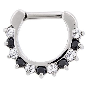 STEEL CAST 16G 5/16 SEPTUM CLICKER WITH ALTERNATING BLACK GEM AND CLEAR GEM